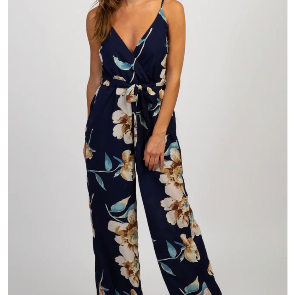 EUC Davi & Dani Navy Floral Sash Wrap Wide Leg Jumpsuit SZ L
